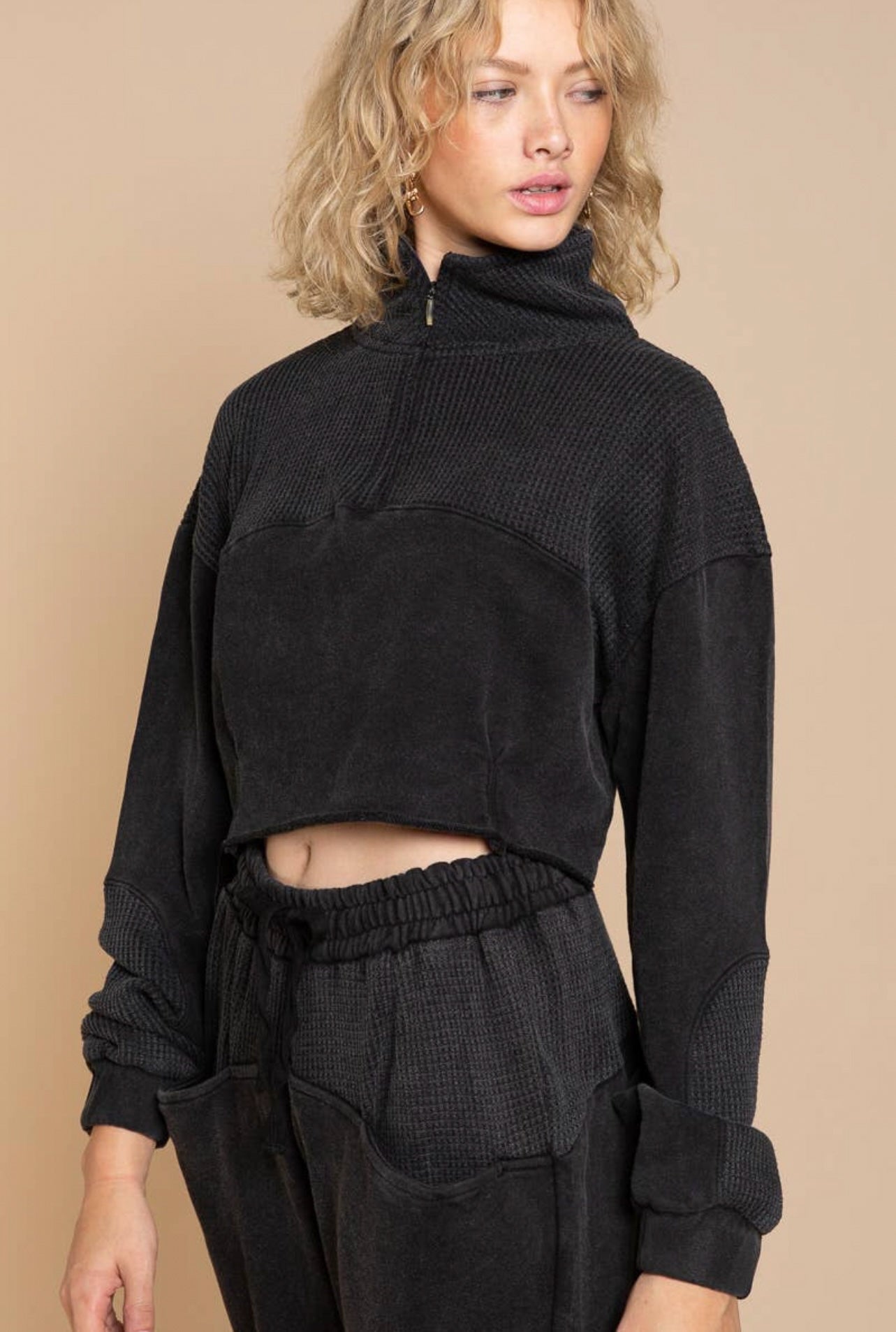 Maeve Half Zip Cropped Micro Waffle Knit French Terry Pullover - Yoga Bitch