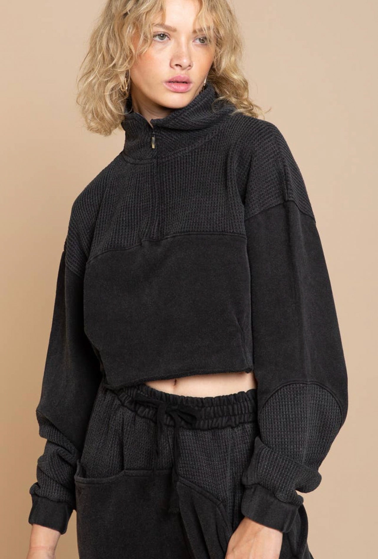 Maeve Half Zip Cropped Micro Waffle Knit French Terry Pullover - Yoga Bitch